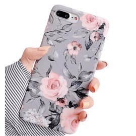 YeLoveHaw iPhone 8 Plus / 7 Plus Case , Flexible Soft Slim Fit Full-Around Protective Cute Phone Case Cover with Purple Floral and Gray Leaves Pattern